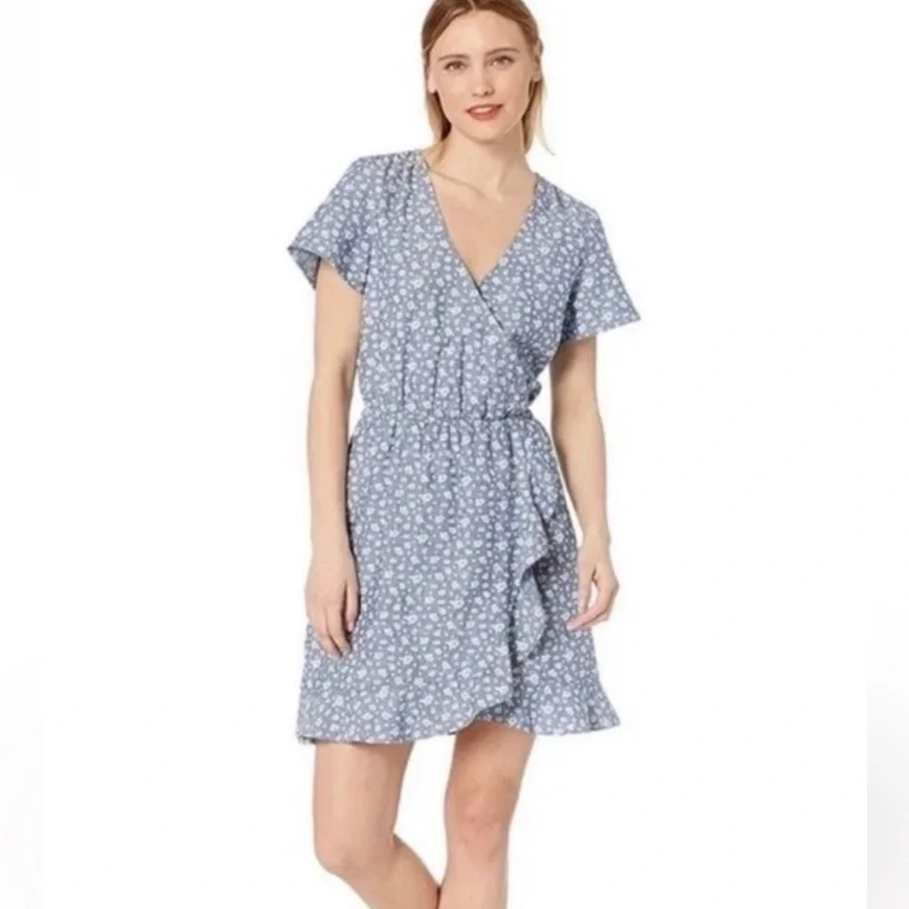 J. Crew Mercantile Blue Floral Flutter Sleeve Faux Wrap Small Dress